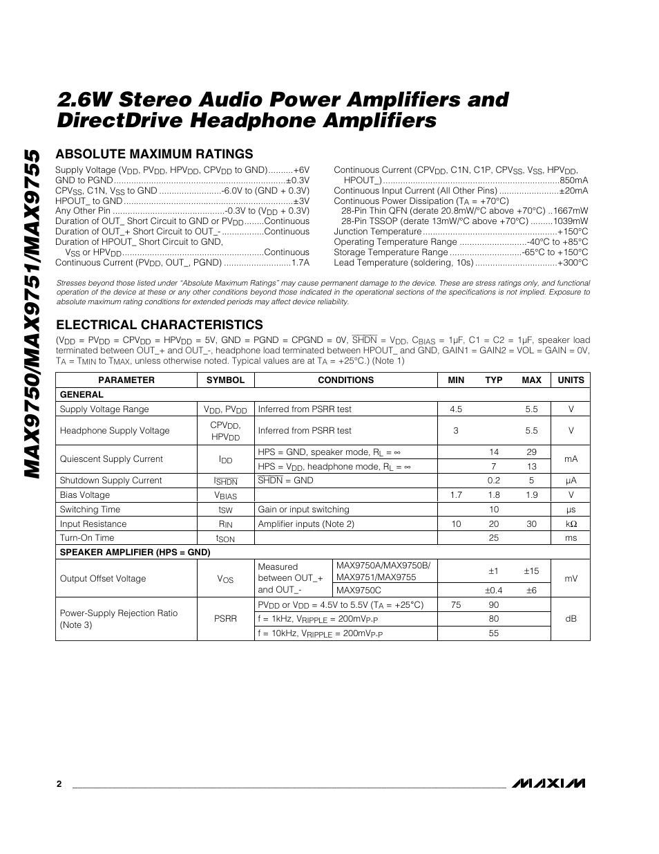 Absolute maximum ratings, Electrical characteristics | Rainbow Electronics MAX9755 User Manual | Page 2 / 31