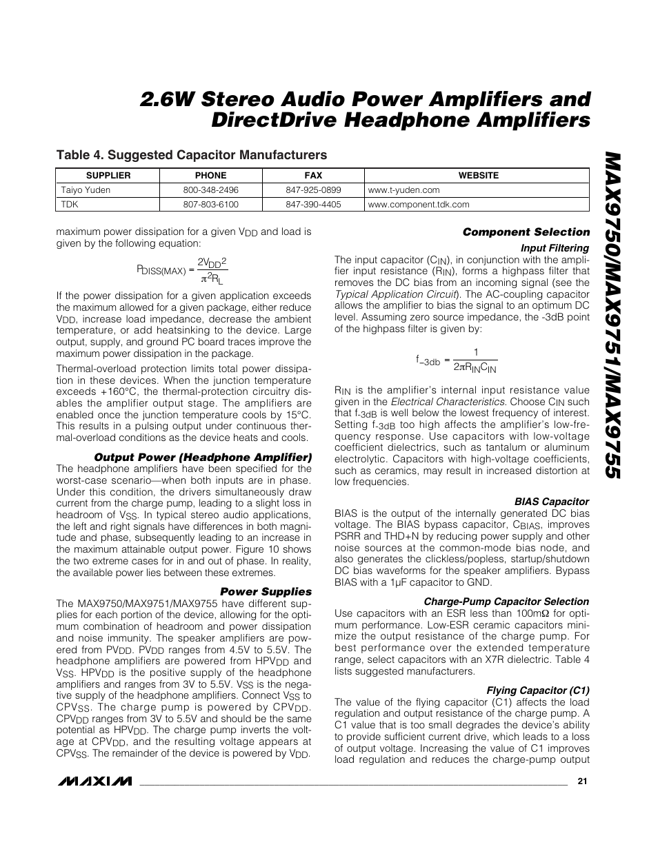 Table 4. suggested capacitor manufacturers | Rainbow Electronics MAX9755 User Manual | Page 21 / 31