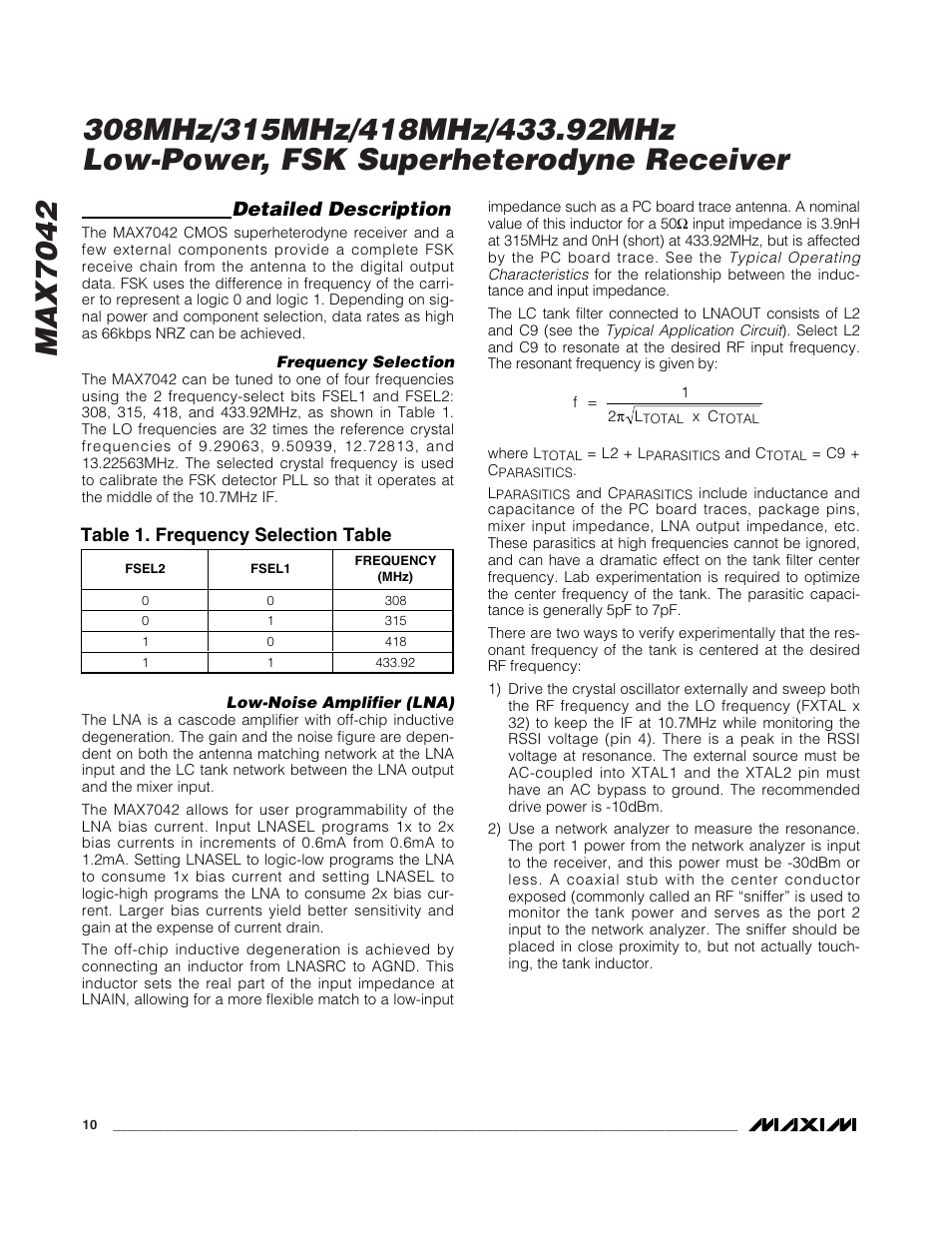 Detailed description, Table 1. frequency selection table | Rainbow Electronics MAX7042 User Manual | Page 10 / 18