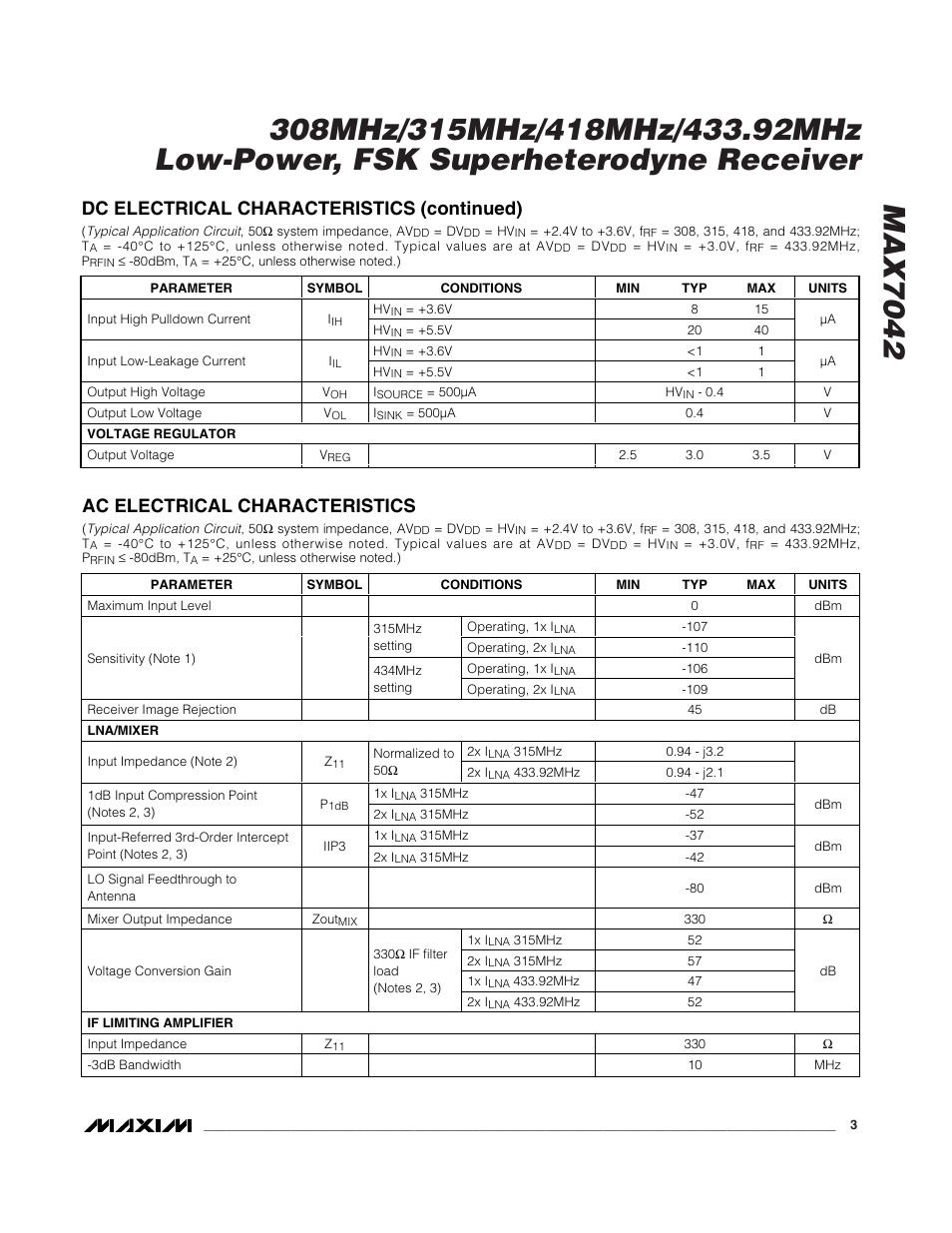 Dc electrical characteristics (continued), Ac electrical characteristics | Rainbow Electronics MAX7042 User Manual | Page 3 / 18