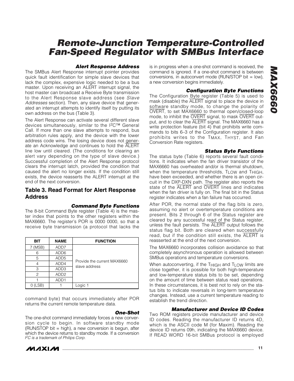 Table 3. read format for alert response address | Rainbow Electronics MAX6660 User Manual | Page 11 / 21