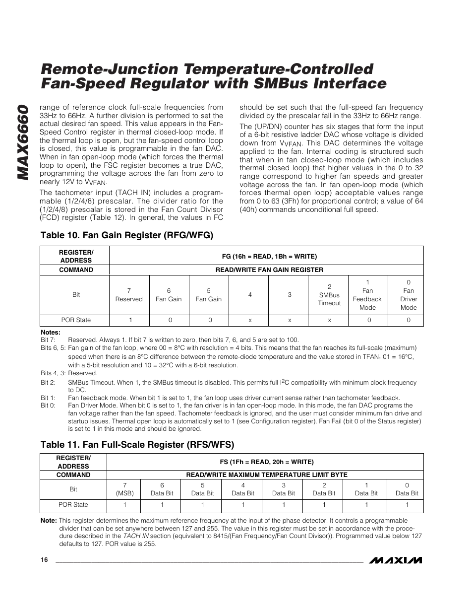 Table 10. fan gain register (rfg/wfg), Table 11. fan full-scale register (rfs/wfs) | Rainbow Electronics MAX6660 User Manual | Page 16 / 21