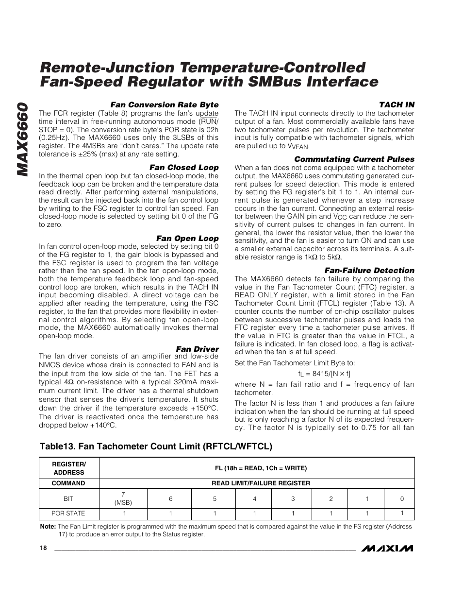 Table13. fan tachometer count limit (rftcl/wftcl) | Rainbow Electronics MAX6660 User Manual | Page 18 / 21