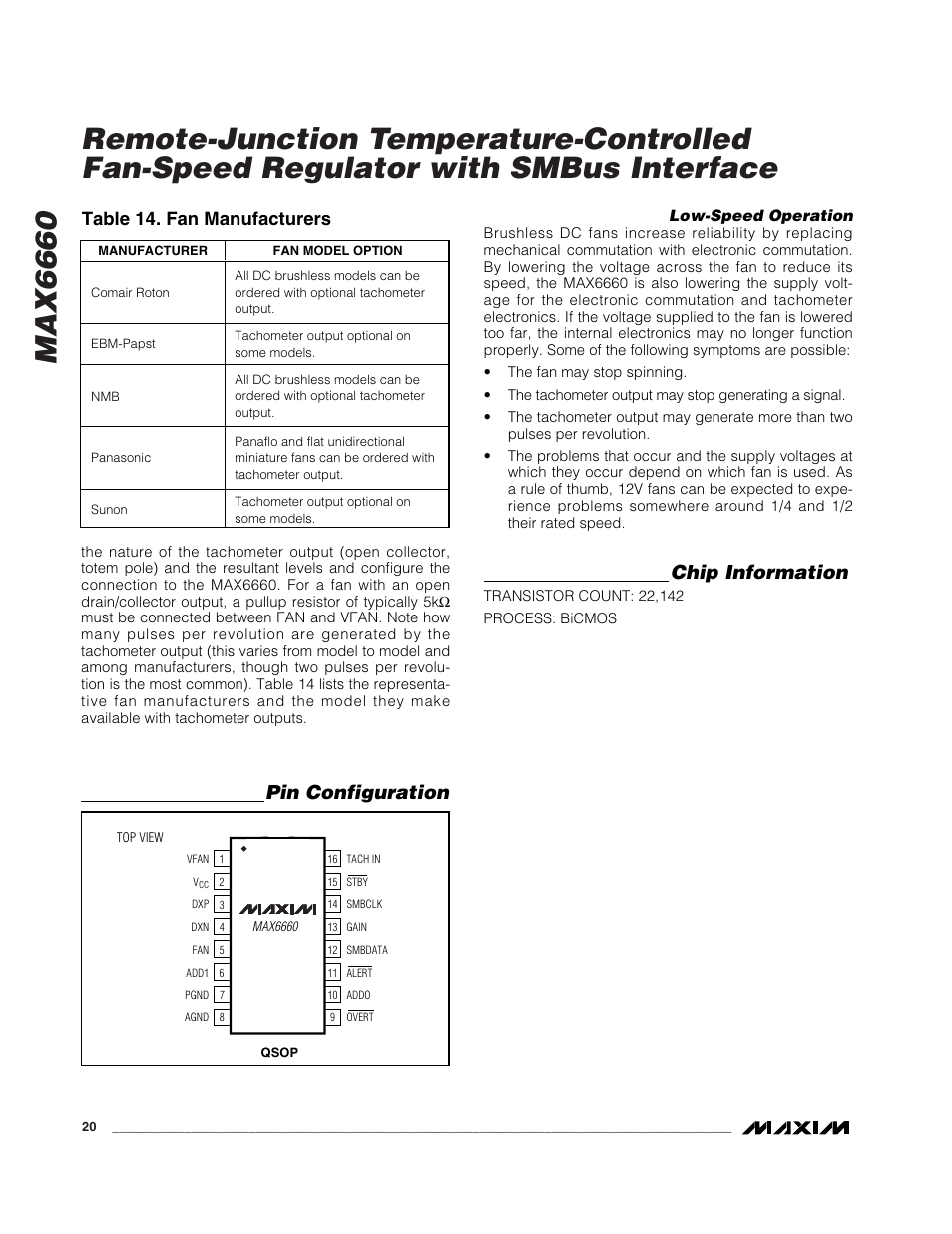 Chip information, Pin configuration, Table 14. fan manufacturers | Rainbow Electronics MAX6660 User Manual | Page 20 / 21