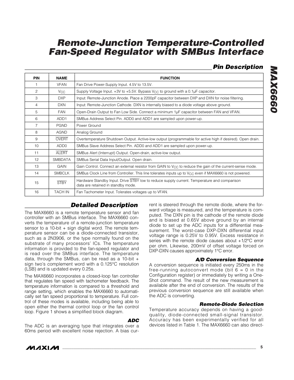 Detailed description, Pin description | Rainbow Electronics MAX6660 User Manual | Page 5 / 21