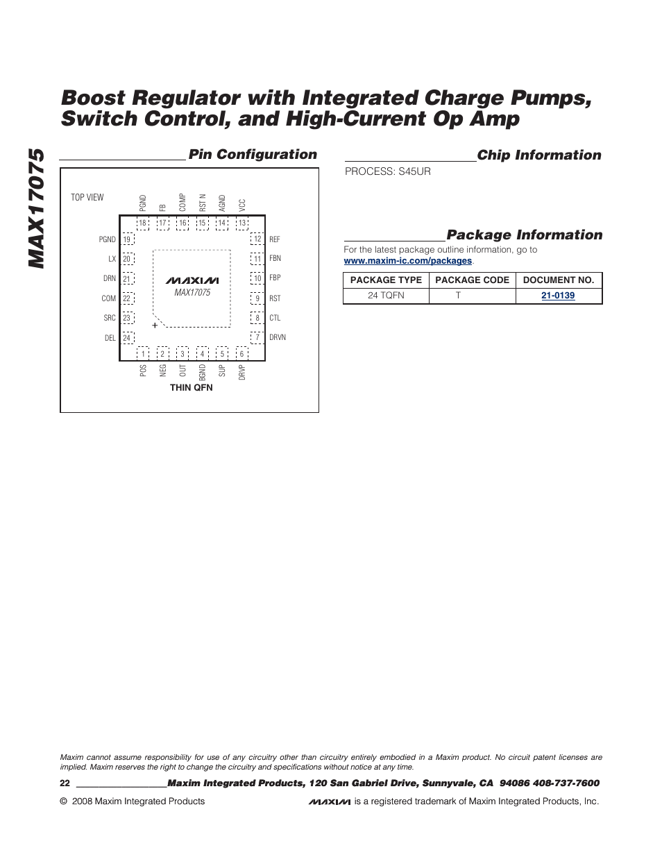 Pin configuration chip information, Package information | Rainbow Electronics MAX17075 User Manual | Page 22 / 22