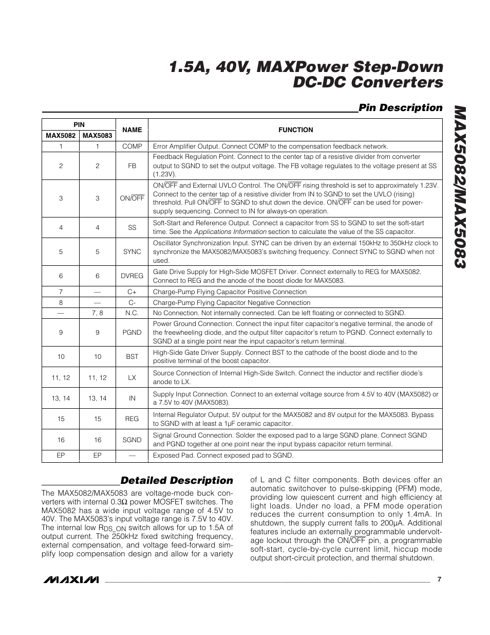 Detailed description, Pin description | Rainbow Electronics MAX5083 User Manual | Page 7 / 18