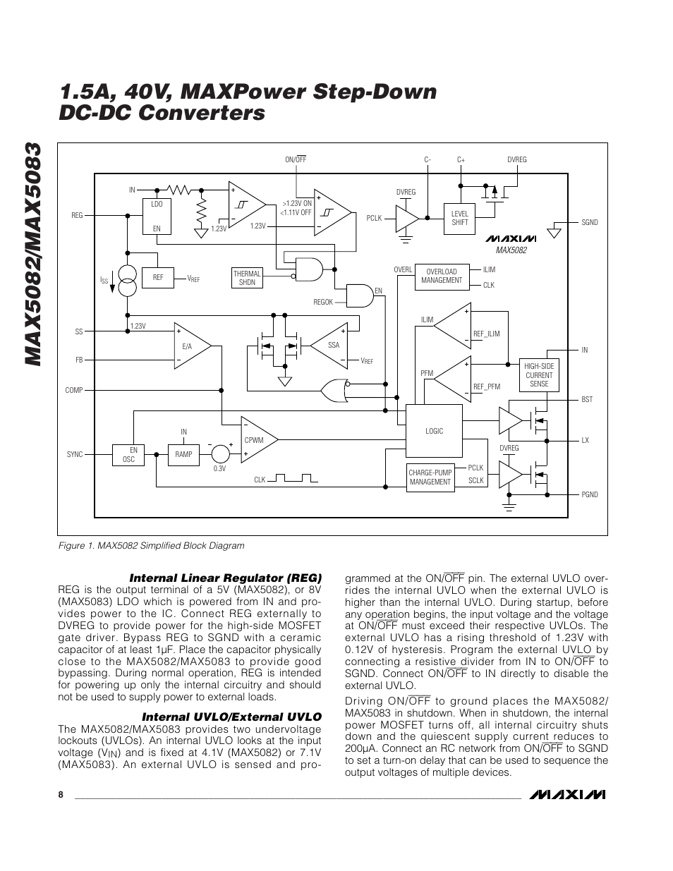Internal linear regulator (reg), Internal uvlo/external uvlo | Rainbow Electronics MAX5083 User Manual | Page 8 / 18