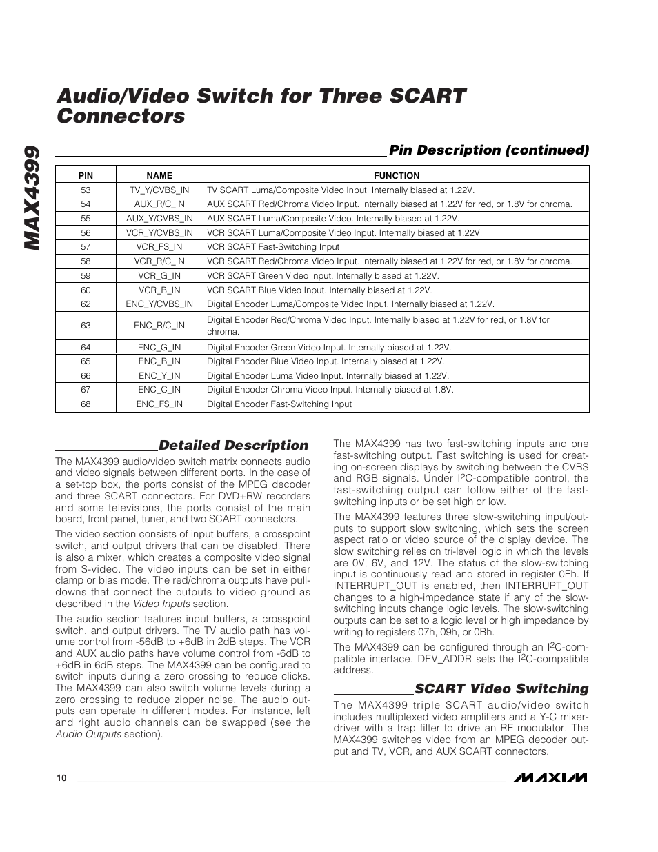 Max4399, Audio/video switch for three scart connectors, Detailed description | Scart video switching, Pin description (continued) | Rainbow Electronics MAX4399 User Manual | Page 10 / 32
