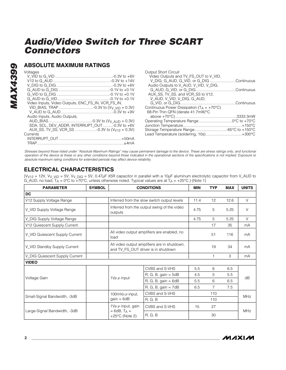 Absolute maximum ratings, Electrical characteristics | Rainbow Electronics MAX4399 User Manual | Page 2 / 32