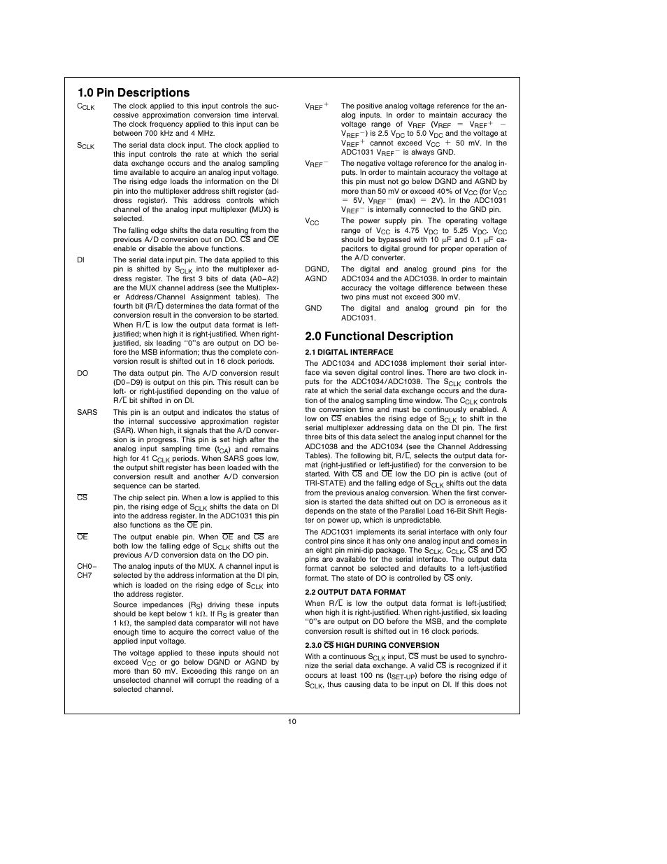1 0 pin descriptions, 2 0 functional description | Rainbow Electronics ADC1038 User Manual | Page 10 / 18