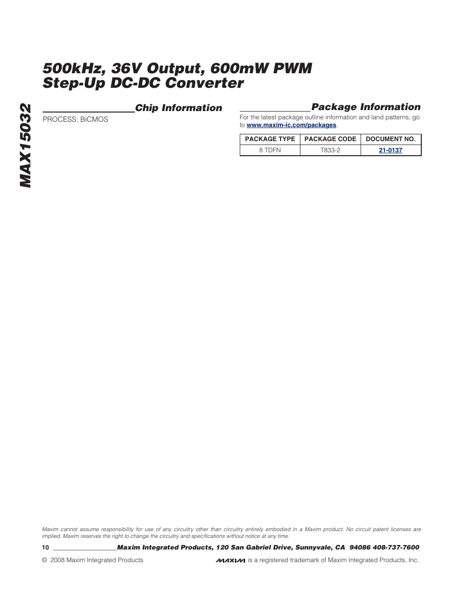 Chip information, Package information | Rainbow Electronics MAX15032 User Manual | Page 10 / 10