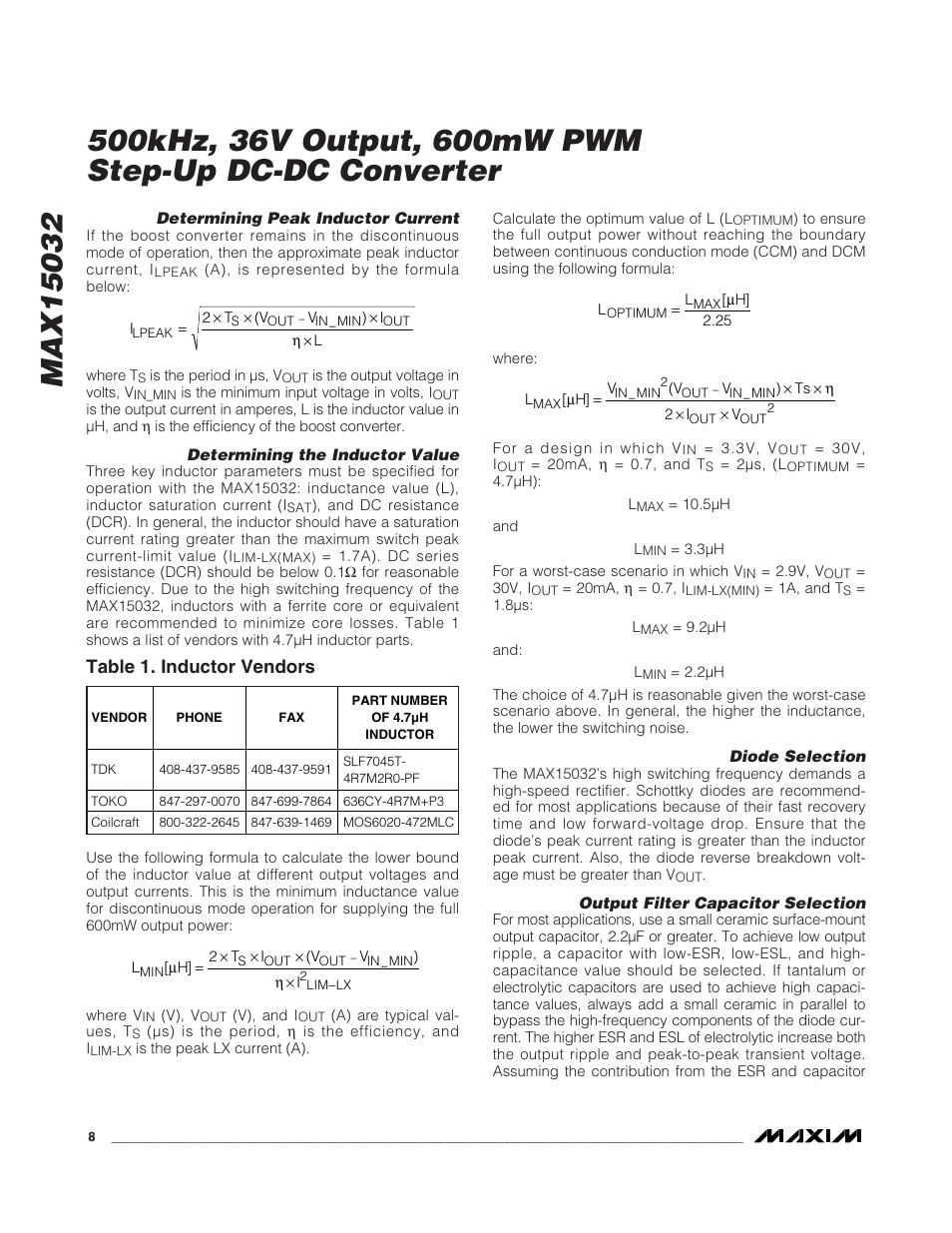 Table 1. inductor vendors | Rainbow Electronics MAX15032 User Manual | Page 8 / 10