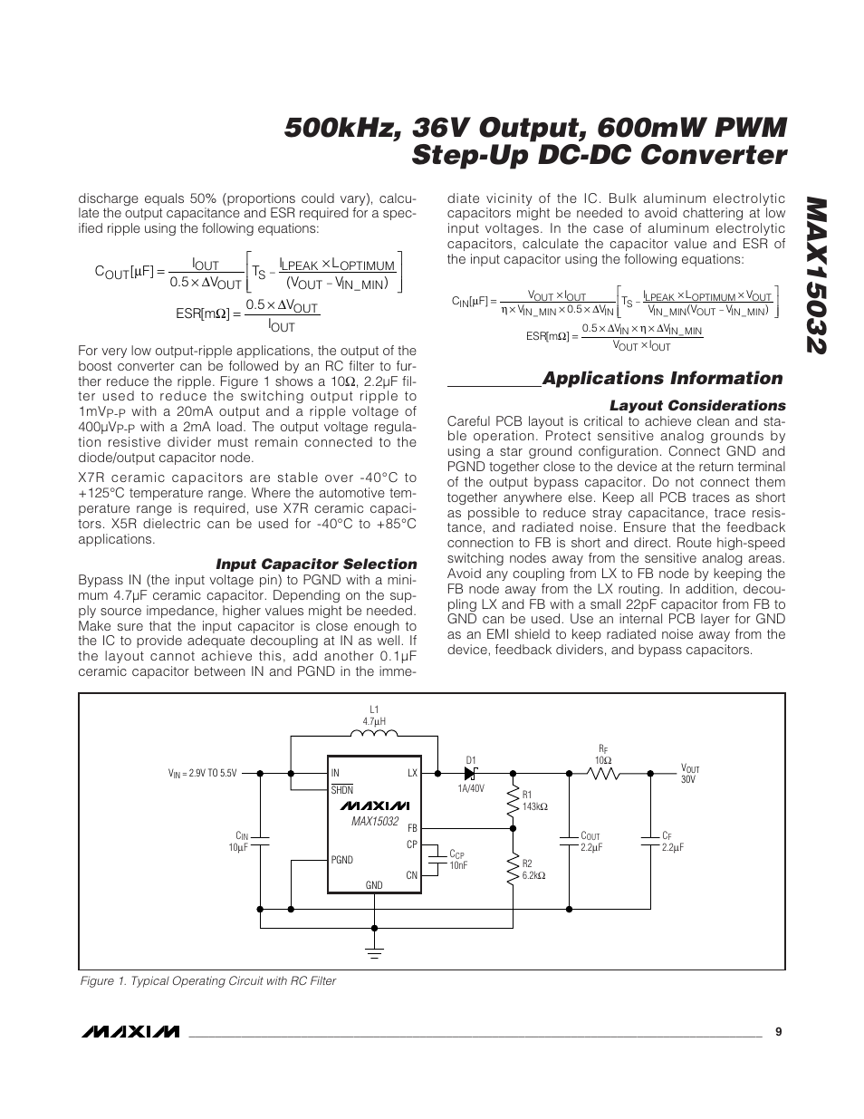 Applications information, Input capacitor selection, Layout considerations | Rainbow Electronics MAX15032 User Manual | Page 9 / 10