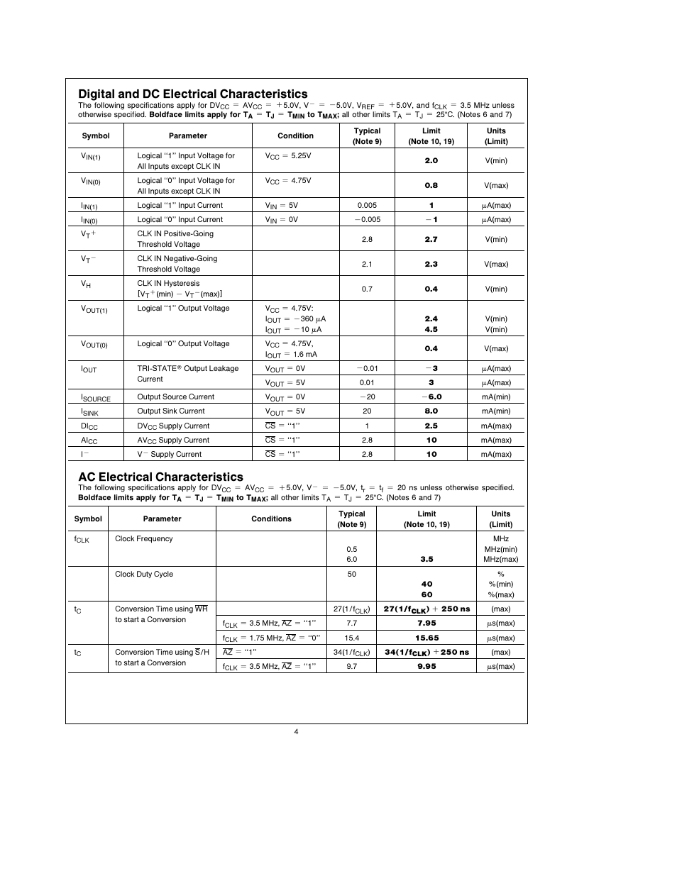 Digital and dc electrical characteristics, Ac electrical characteristics | Rainbow Electronics ADC1251 User Manual | Page 4 / 18