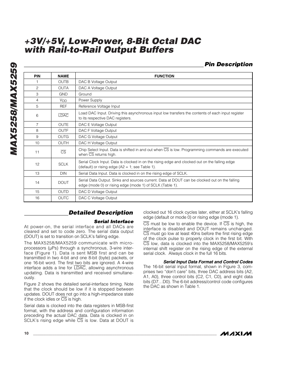 Detailed description, Pin description | Rainbow Electronics MAX5259 User Manual | Page 10 / 20