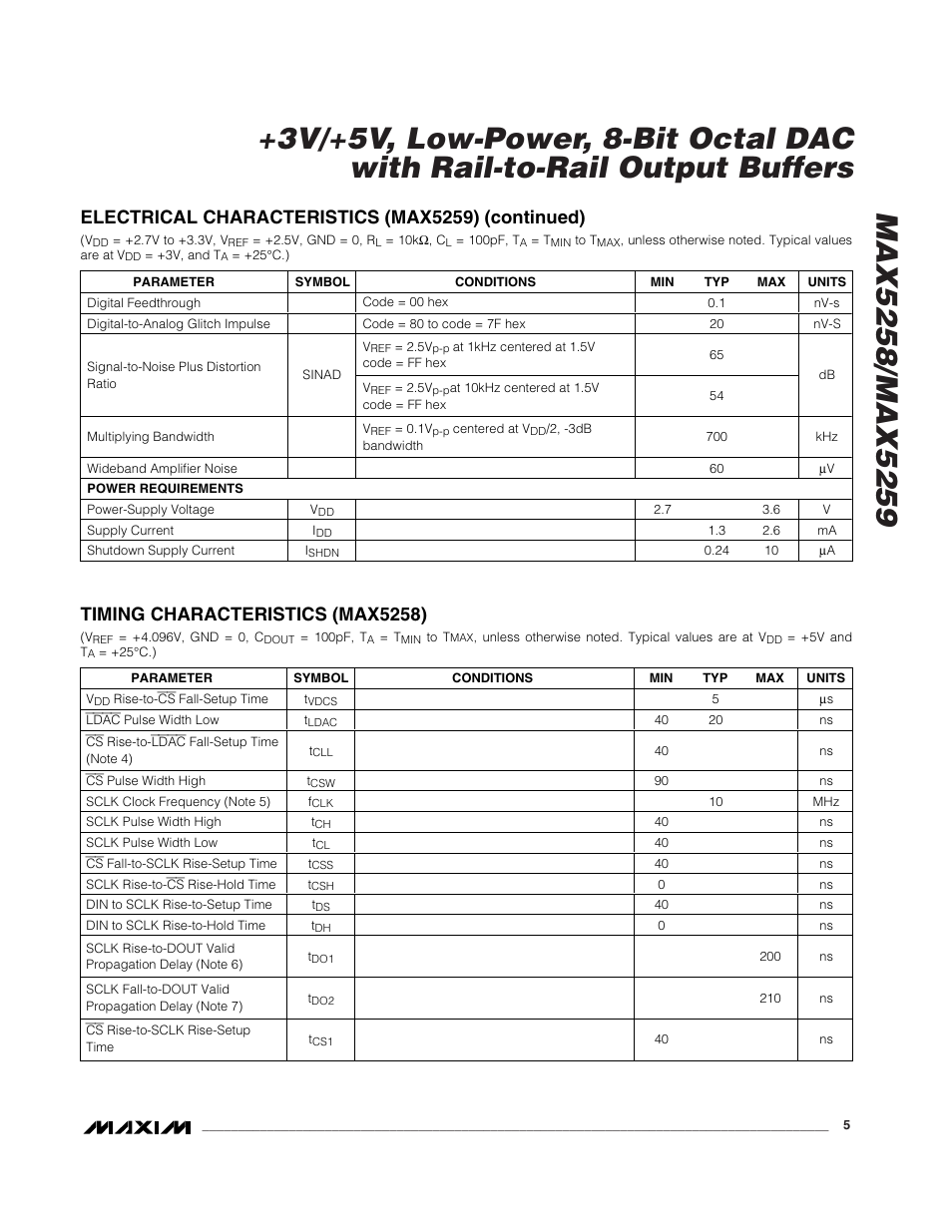 Electrical characteristics (max5259) (continued), Timing characteristics (max5258) | Rainbow Electronics MAX5259 User Manual | Page 5 / 20