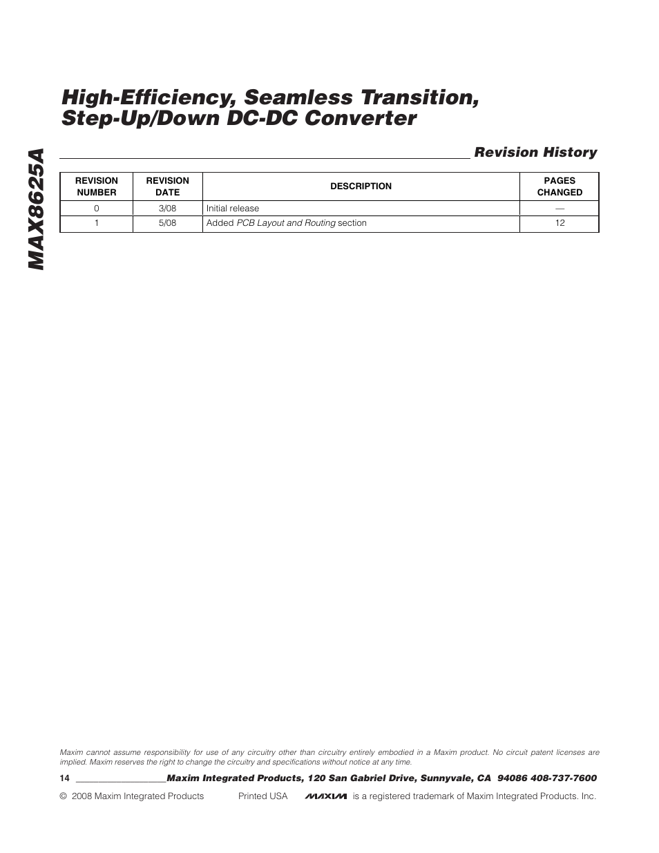 Revision history | Rainbow Electronics MAX8625A User Manual | Page 14 / 14