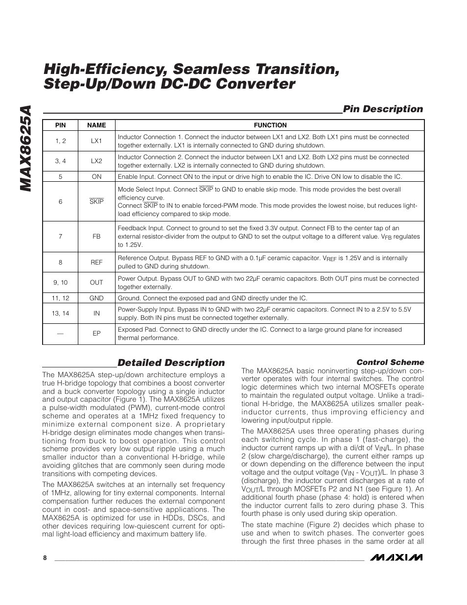 Detailed description, Pin description | Rainbow Electronics MAX8625A User Manual | Page 8 / 14