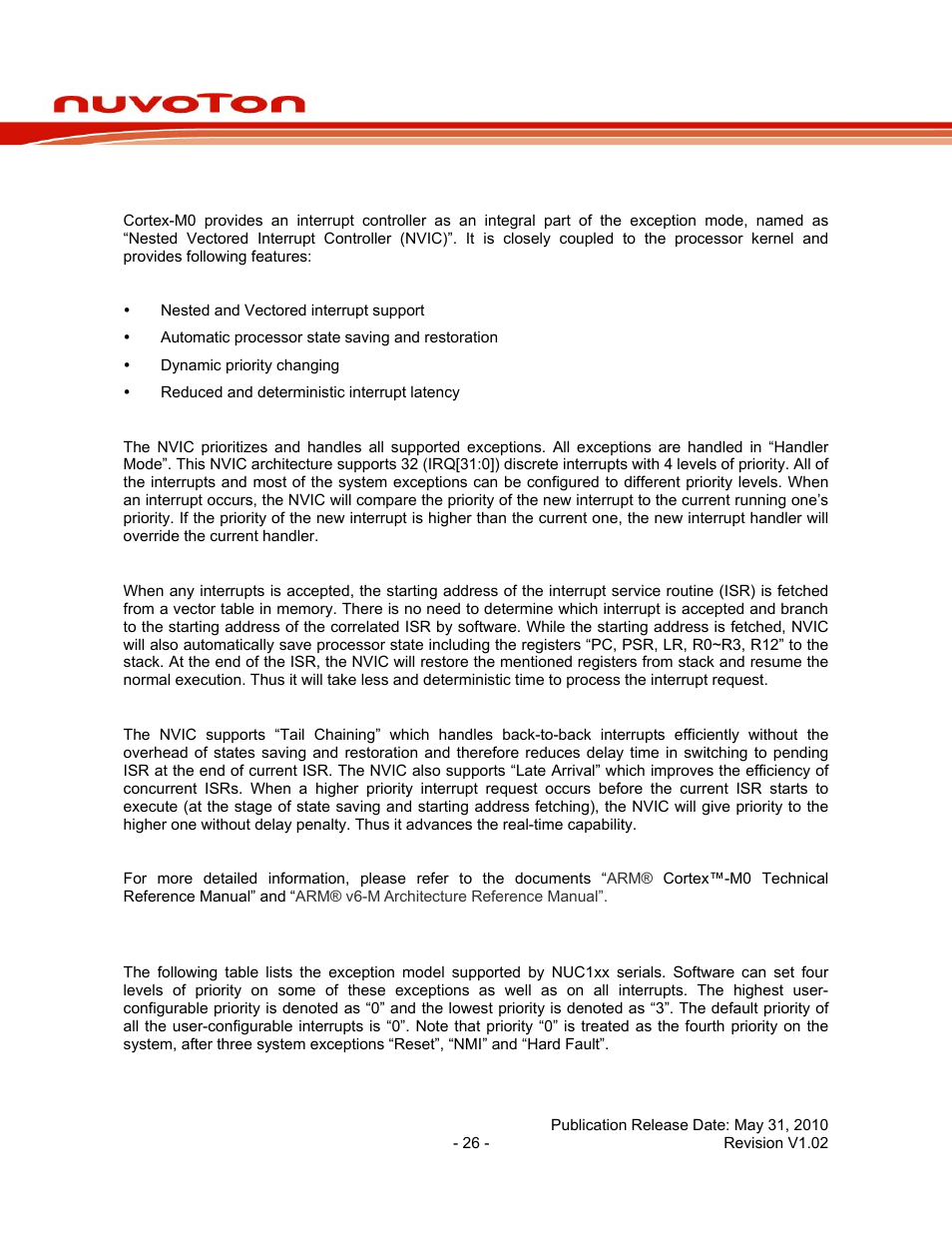 4 nested vectored interrupt controller (nvic), 1 exception model and system interrupt map, Nested vectored interrupt controller (nvic) | Nuc140 series data sheet | Rainbow Electronics NUC140 User Manual | Page 26 / 74