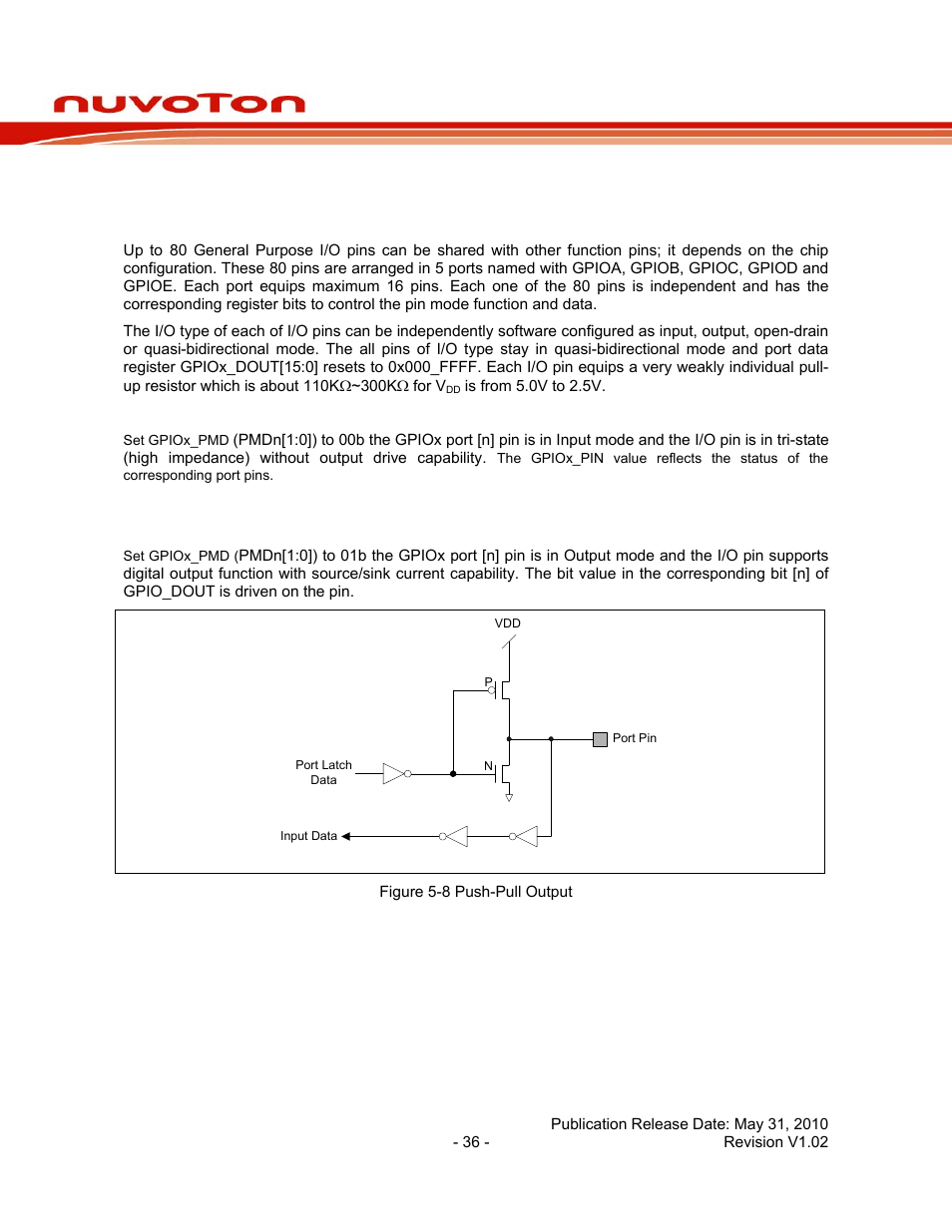 5 general purpose i/o, 1 overview and features, 1 input mode explanation | 2 output mode explanation, General purpose i/o, Overview and features, Nuc140 series data sheet | Rainbow Electronics NUC140 User Manual | Page 36 / 74