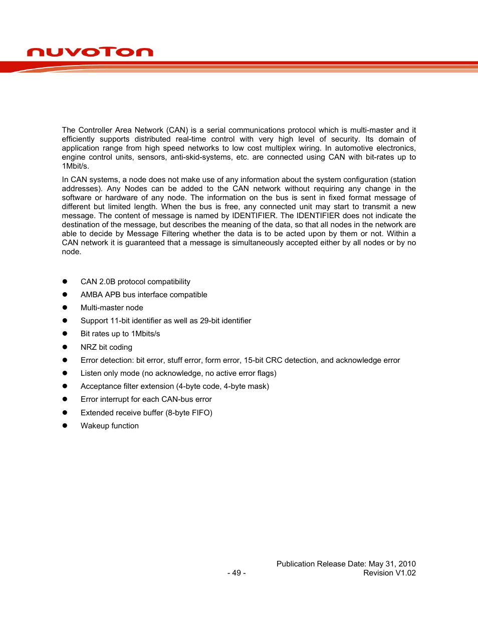 13 controller area network (can bus), 1 introduction, 2 features | Controller area network (can bus), Introduction, Features, Nuc140 series data sheet | Rainbow Electronics NUC140 User Manual | Page 49 / 74