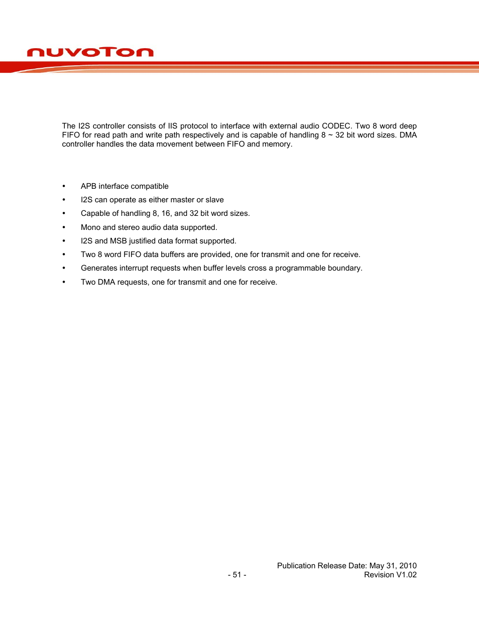 15 i2s controller, 1 overview, 2 features | I2s controller, Overview, Features, Nuc140 series data sheet | Rainbow Electronics NUC140 User Manual | Page 51 / 74