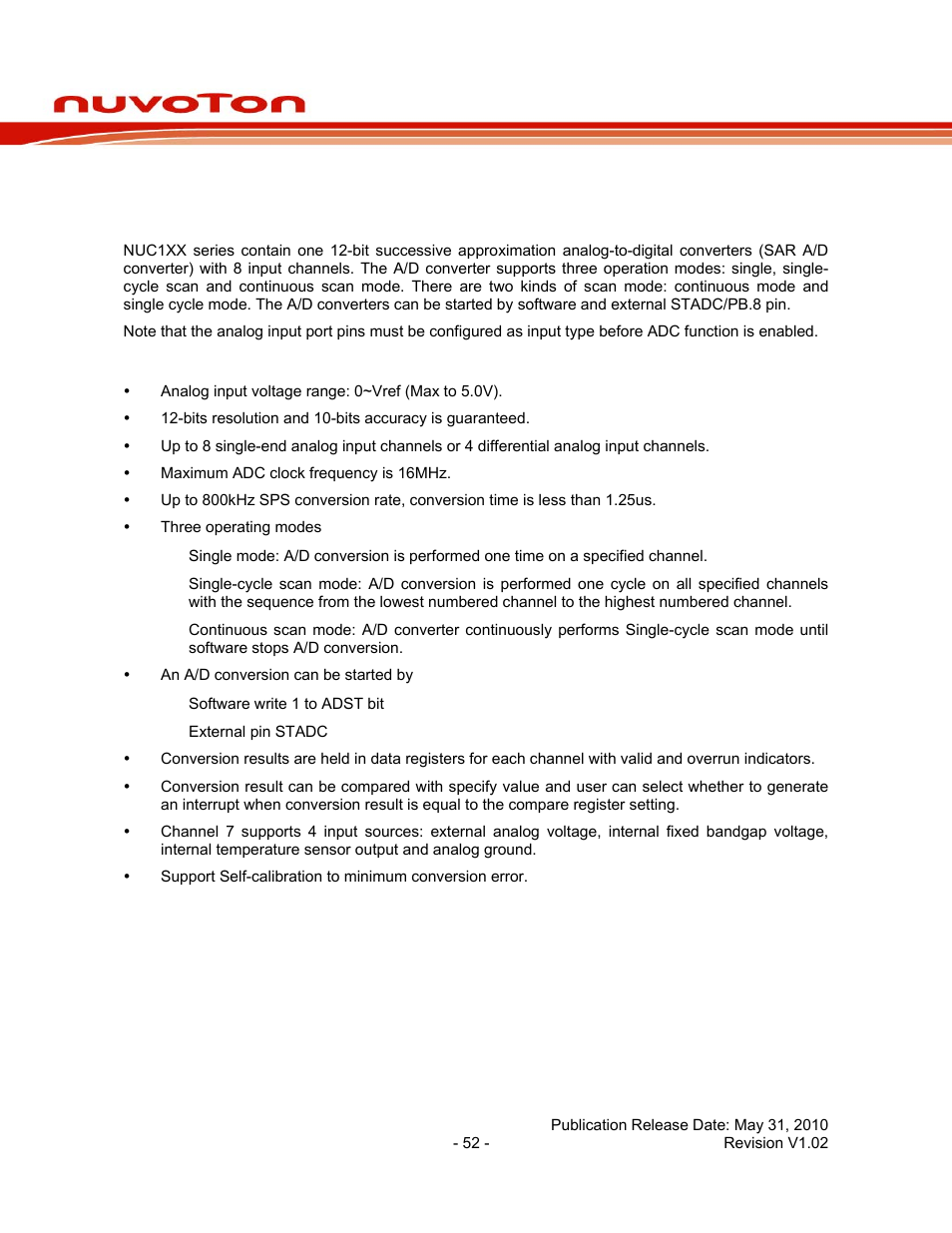 16 analog-to-digital converter (adc), 1 functional description, 2 features | Analog-to-digital converter (adc), Functional description, Features, Nuc140 series data sheet | Rainbow Electronics NUC140 User Manual | Page 52 / 74
