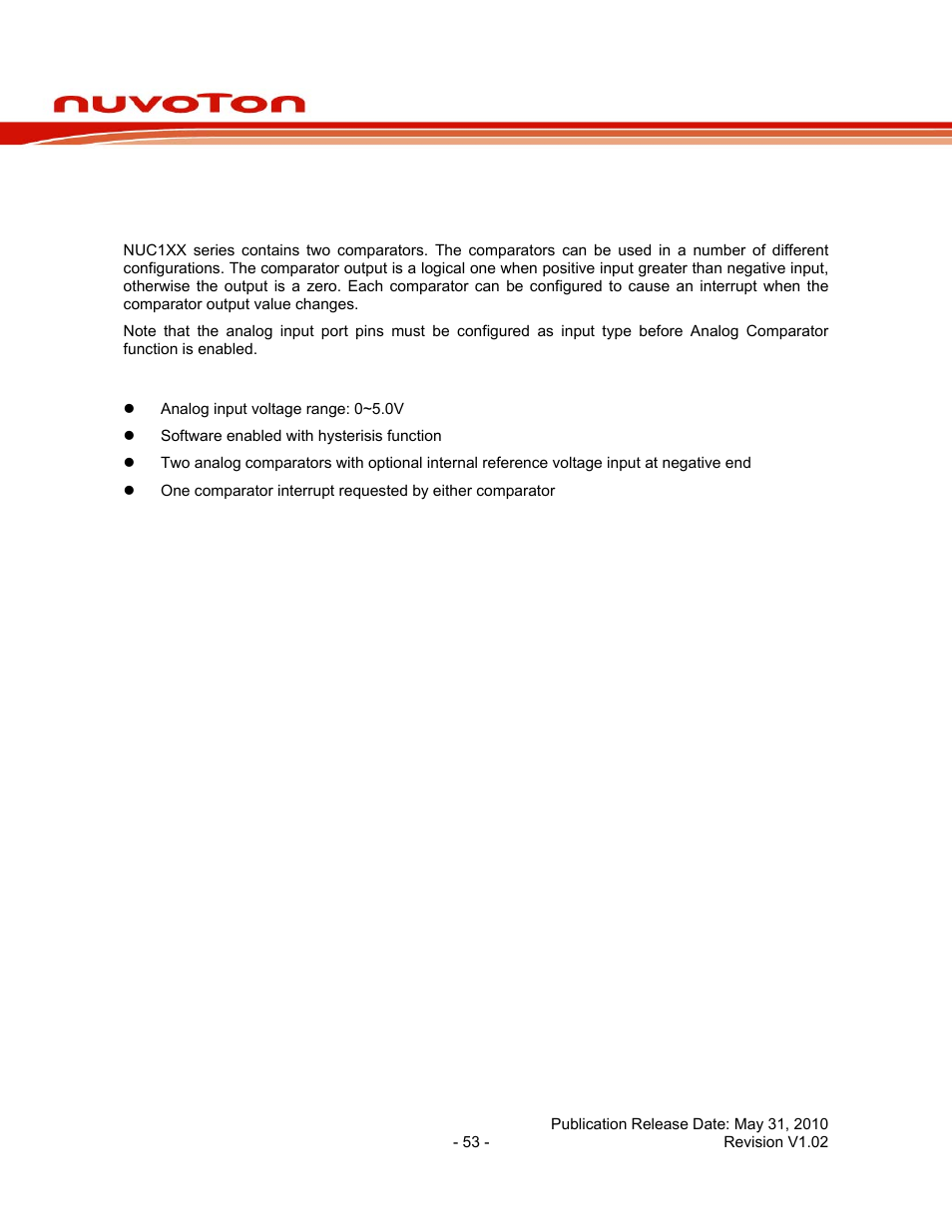 17 analog comparator, 1 functional description, 2 features | Analog comparator, Functional description, Features, Nuc140 series data sheet | Rainbow Electronics NUC140 User Manual | Page 53 / 74