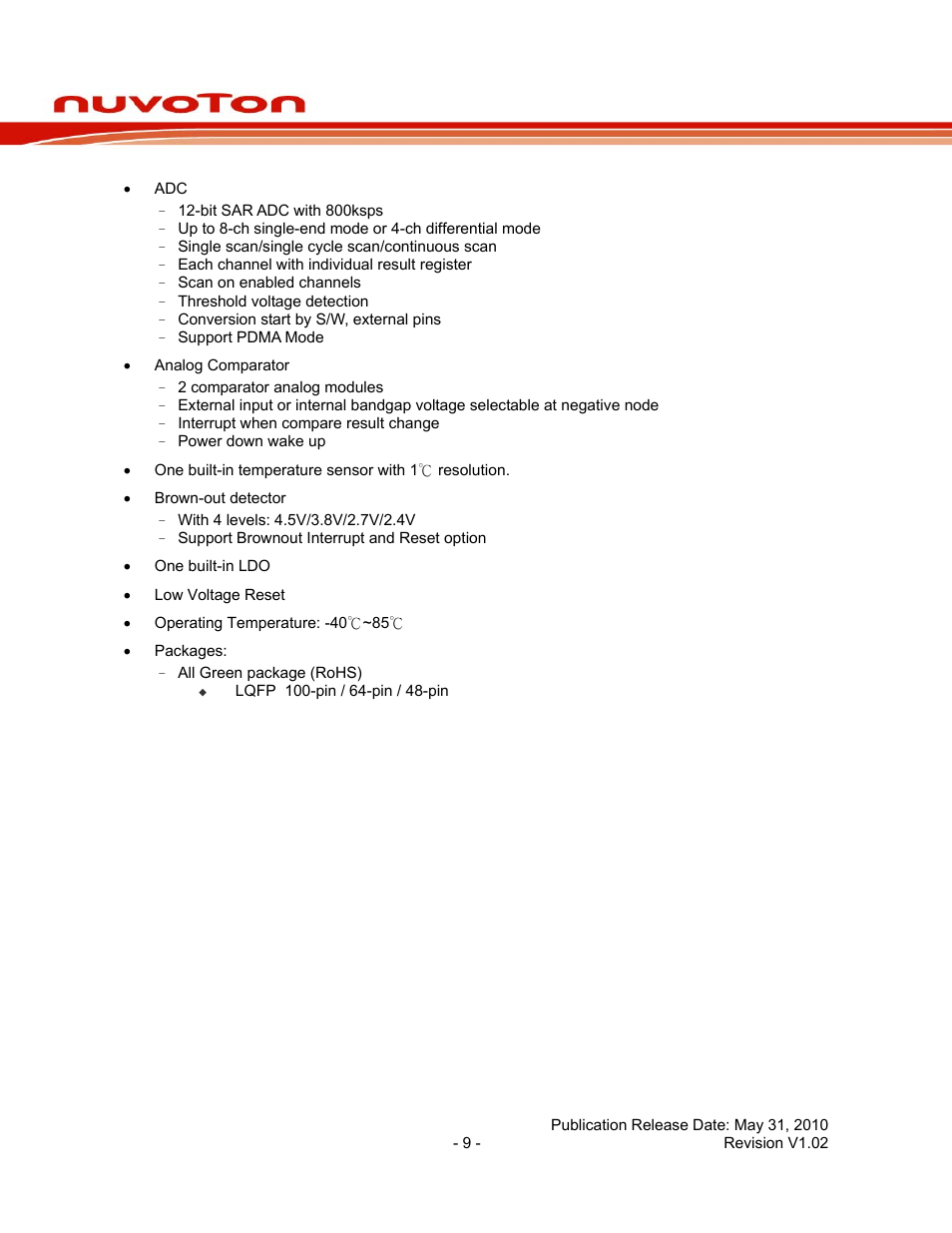 Nuc140 series data sheet | Rainbow Electronics NUC140 User Manual | Page 9 / 74