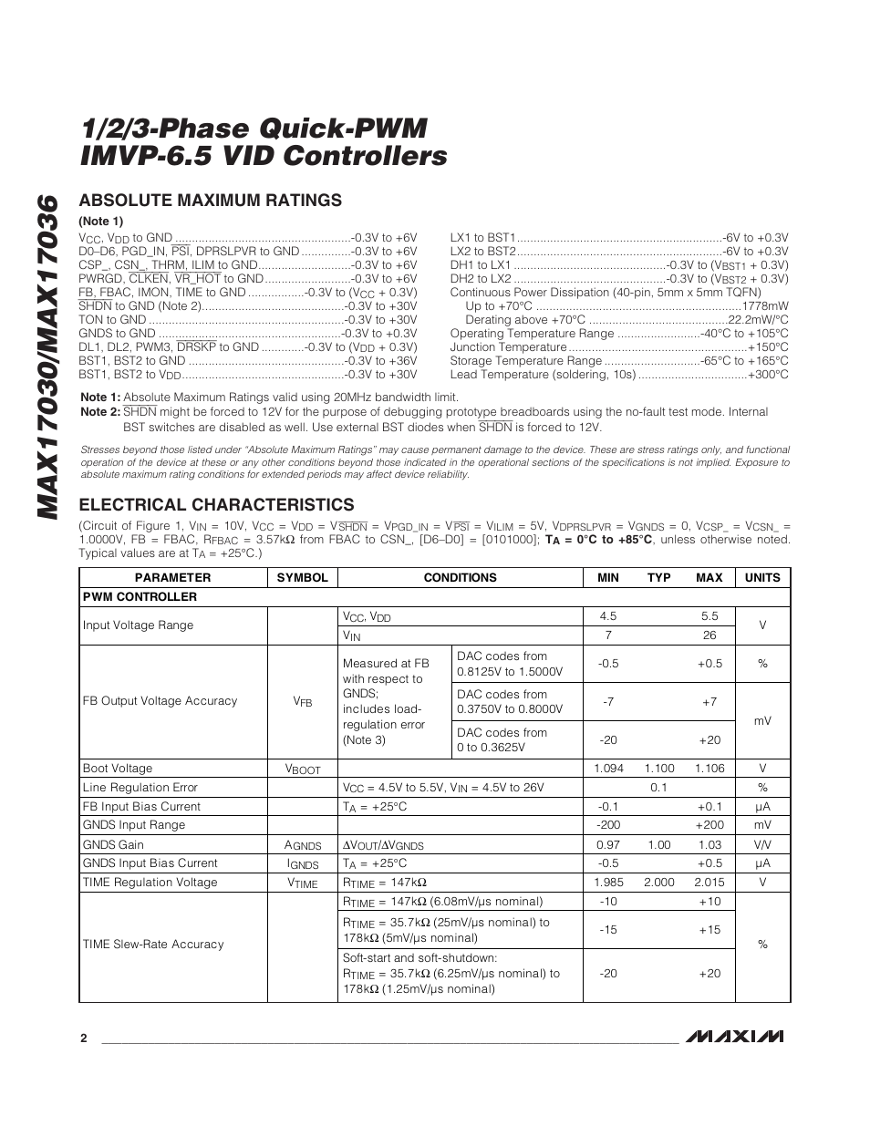 Absolute maximum ratings, Electrical characteristics | Rainbow Electronics MAX17036 User Manual | Page 2 / 38
