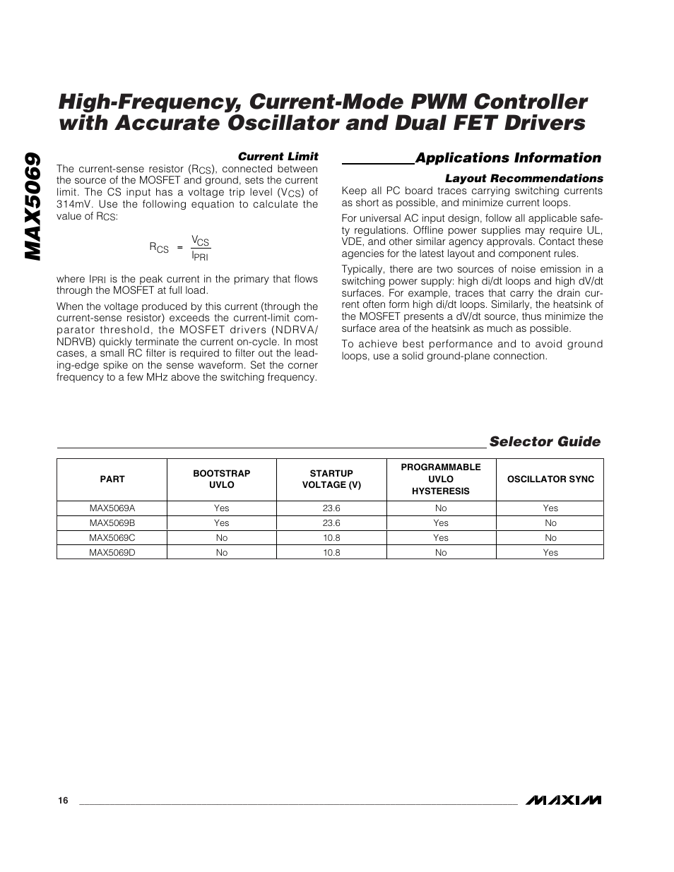 Max5069, Applications information, Selector guide | Rainbow Electronics MAX5069 User Manual | Page 16 / 19