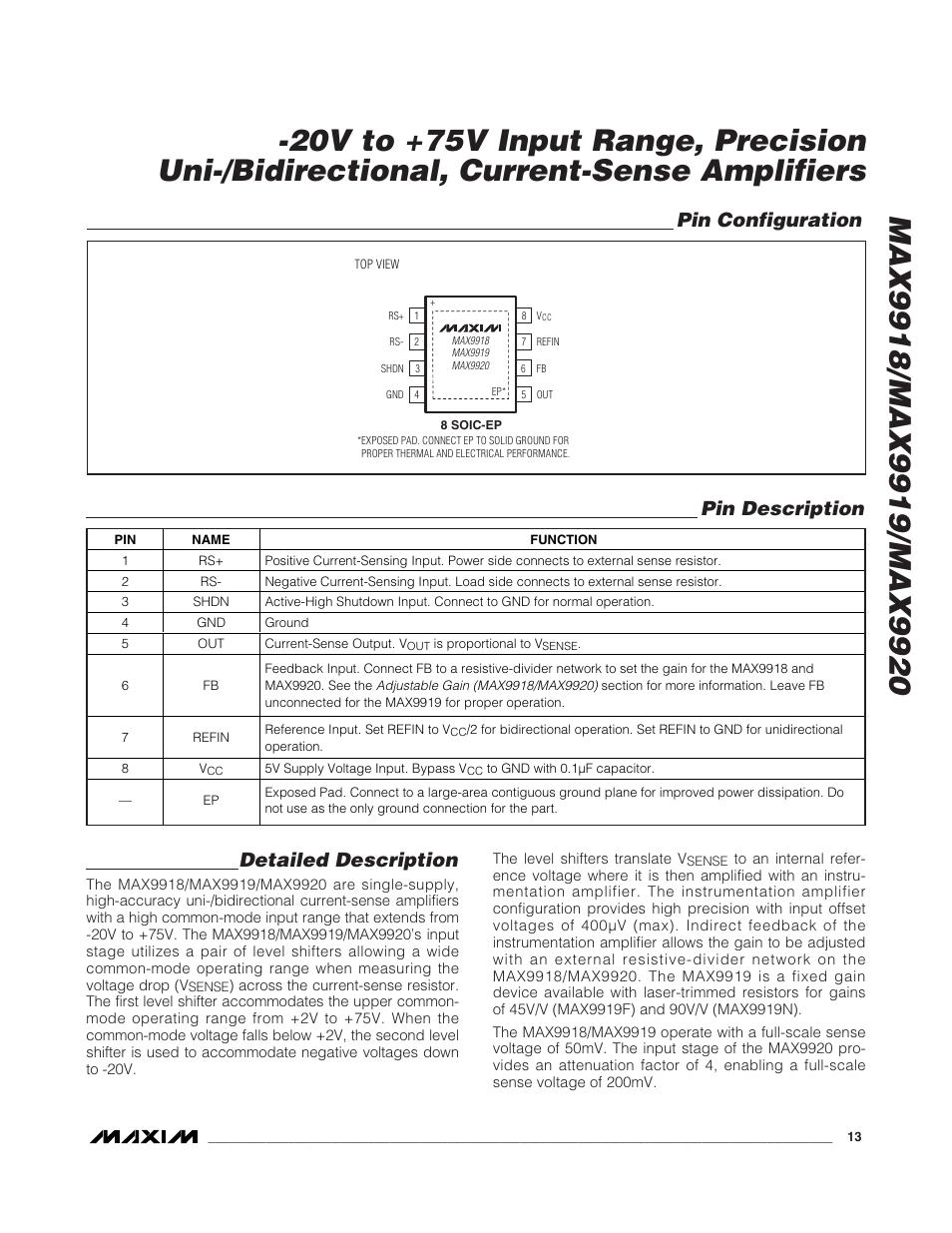 Detailed description, Pin description, Pin configuration | Rainbow Electronics MAX9920 User Manual | Page 13 / 18