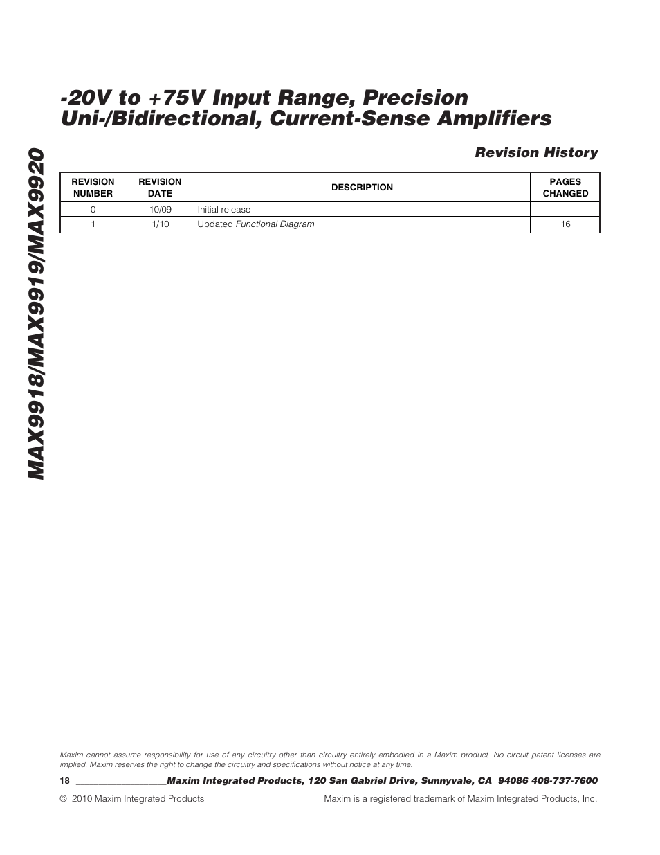 Revision history | Rainbow Electronics MAX9920 User Manual | Page 18 / 18