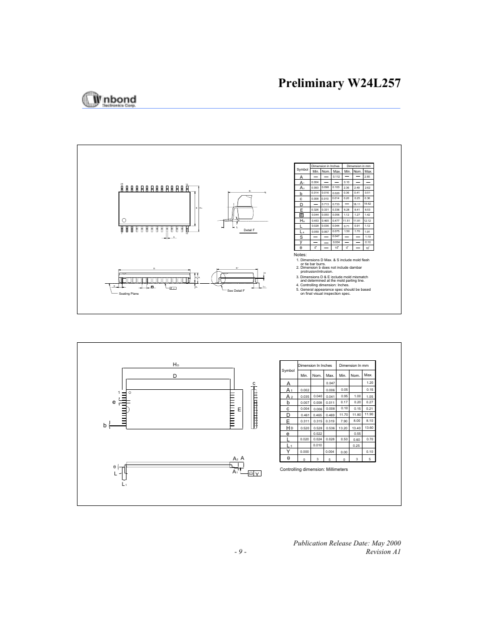 Package dimensions, Pin sop wide body, Pin standard type one tsop | Yc e h d | Rainbow Electronics W24L257 User Manual | Page 9 / 10