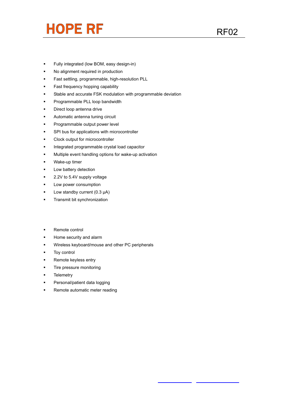 Features, Typical applications, Rf02 | Rainbow Electronics RF02 User Manual | Page 2 / 24