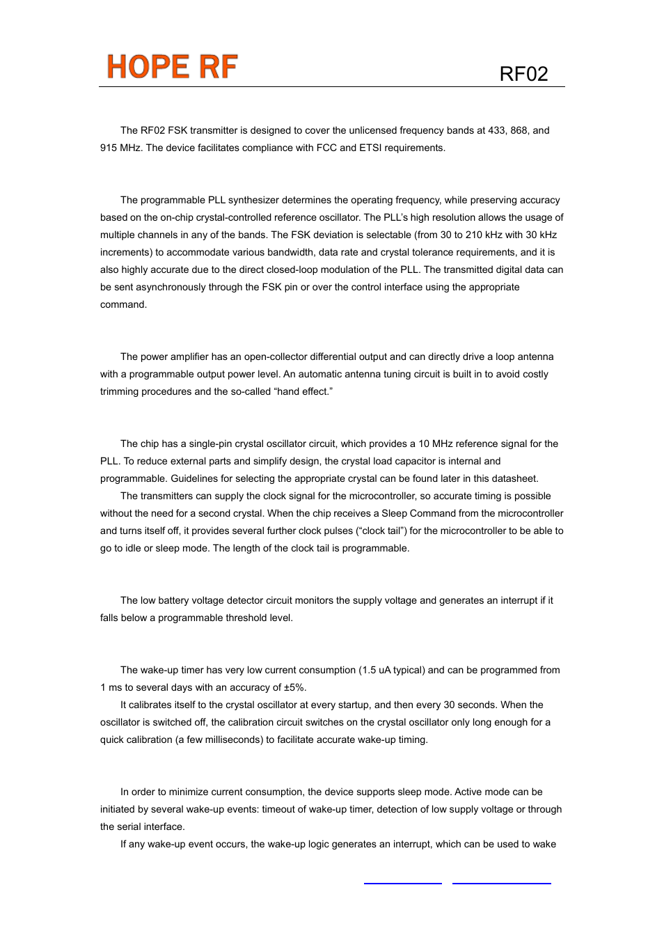 Detailed feature-level description, Rf02, Rf power amplifier (pa) | Crystal oscillator, Low battery voltage detector, Wake-up timer, Event handling | Rainbow Electronics RF02 User Manual | Page 3 / 24