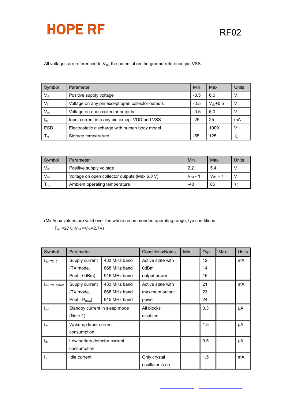 General device specification, Electrical specification, Rf02 | Dc characteristics | Rainbow Electronics RF02 User Manual | Page 6 / 24