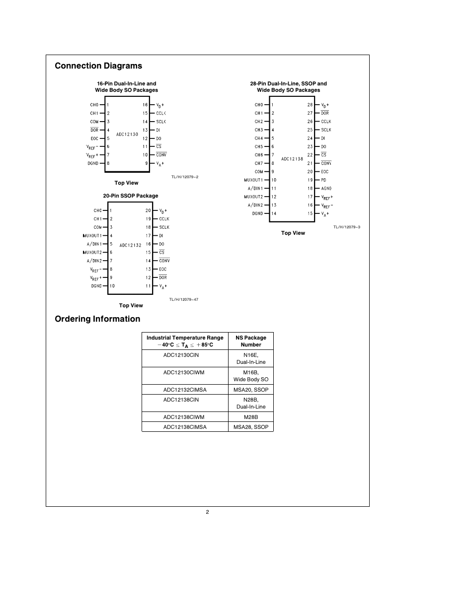 Connection diagrams, Ordering information | Rainbow Electronics ADC12138 User Manual | Page 2 / 40
