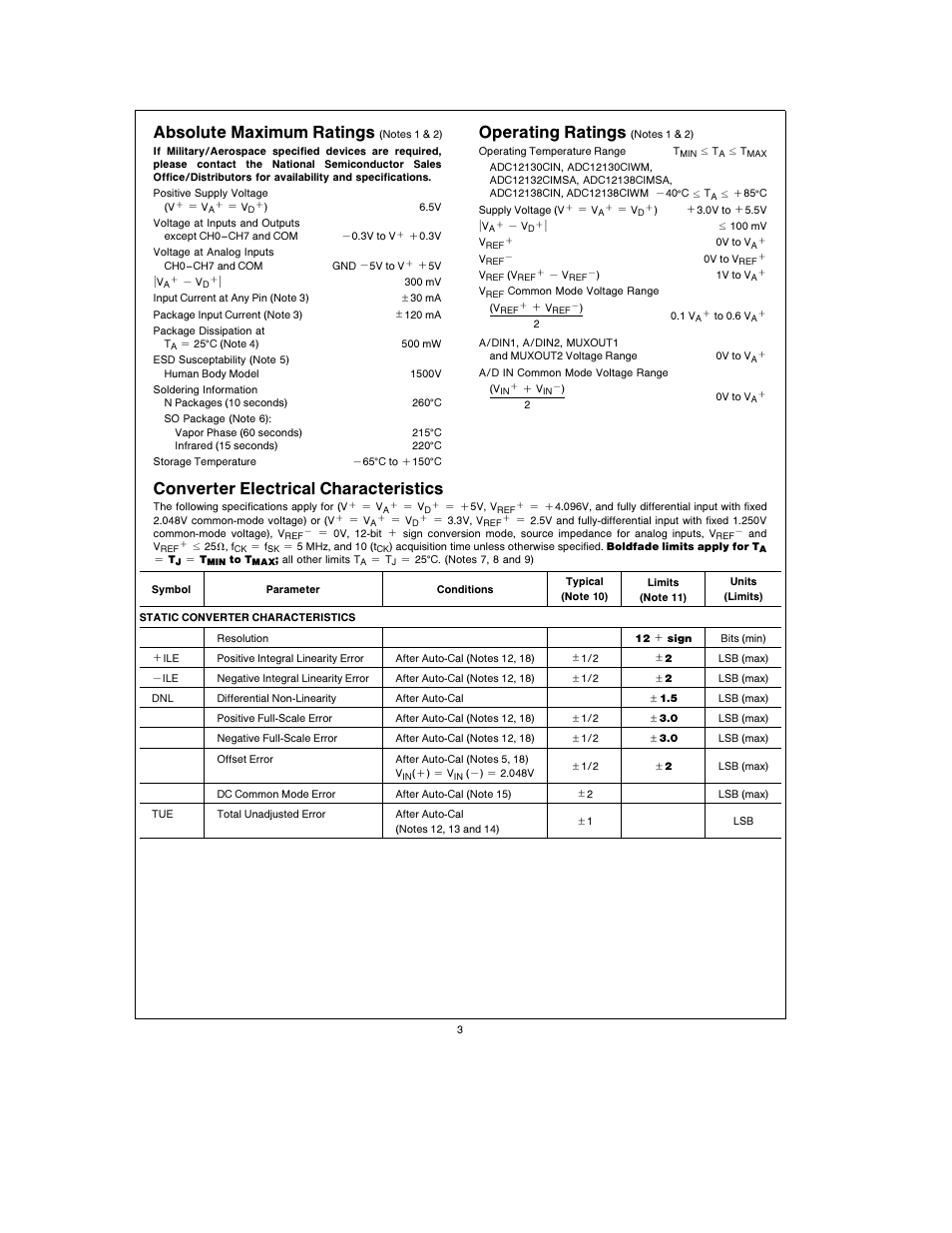 Absolute maximum ratings, Operating ratings, Converter electrical characteristics | Rainbow Electronics ADC12138 User Manual | Page 3 / 40