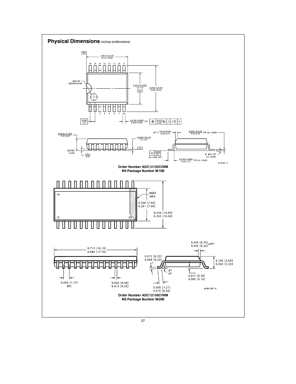 Physical dimensions | Rainbow Electronics ADC12138 User Manual | Page 37 / 40