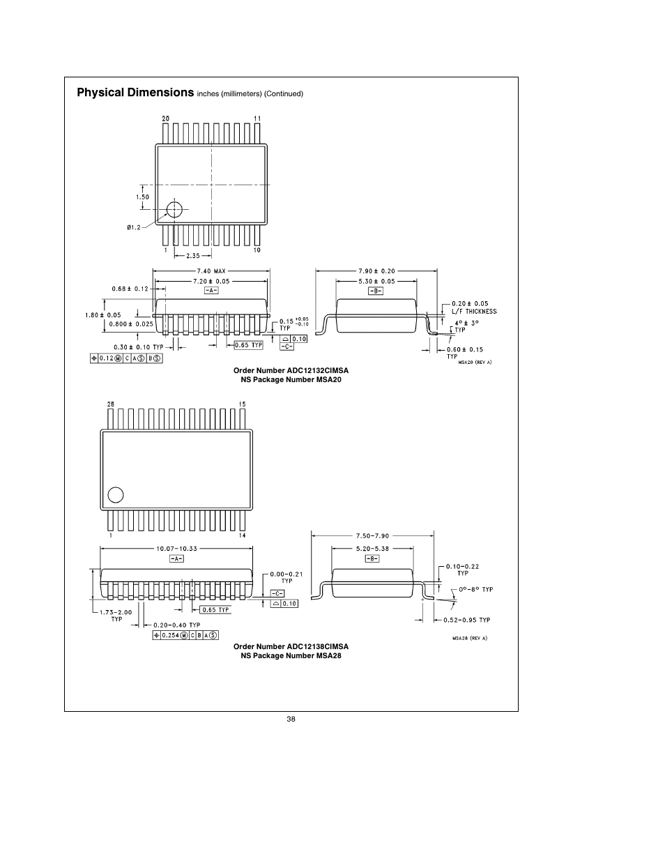 Physical dimensions | Rainbow Electronics ADC12138 User Manual | Page 38 / 40