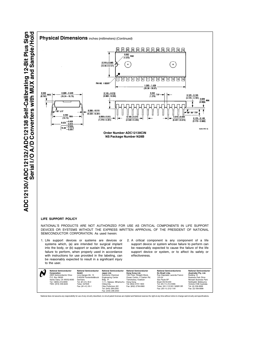 Physical dimensions | Rainbow Electronics ADC12138 User Manual | Page 40 / 40