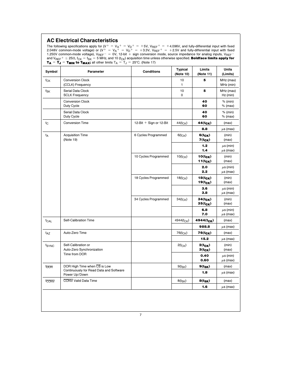 Ac electrical characteristics | Rainbow Electronics ADC12138 User Manual | Page 7 / 40