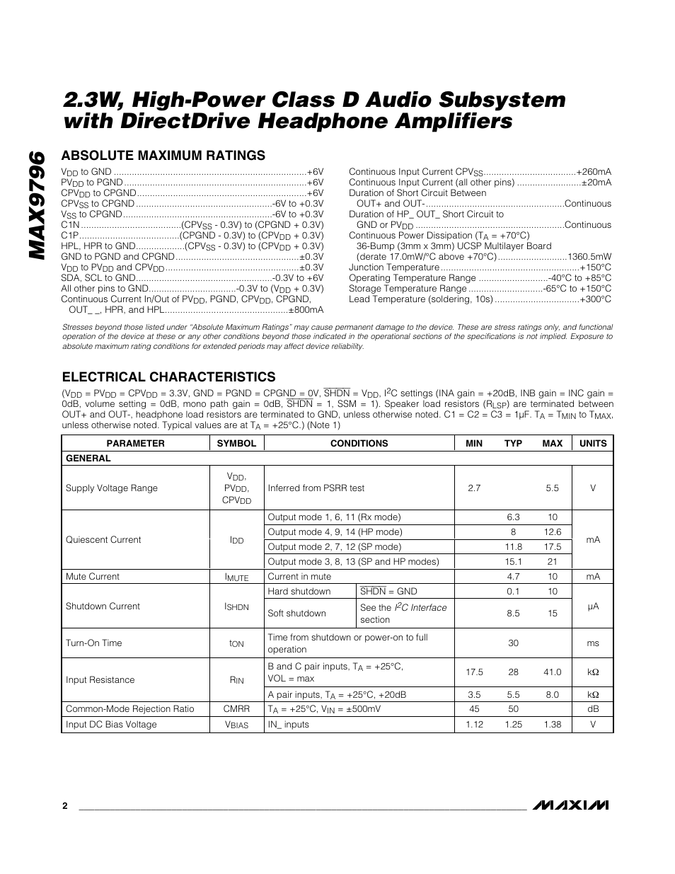 Rainbow Electronics MAX9796 User Manual | Page 2 / 27