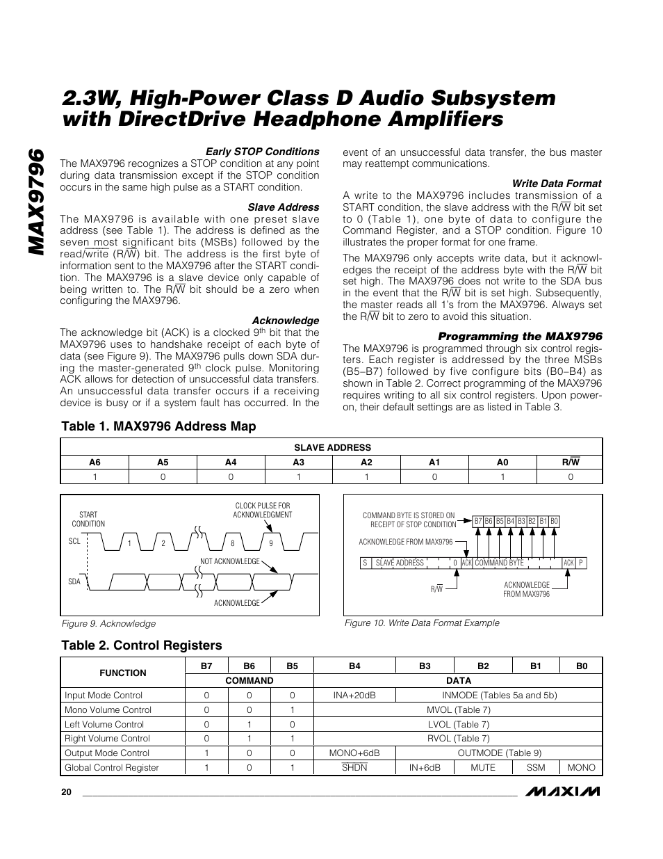 Max9796, Table 2. control registers | Rainbow Electronics MAX9796 User Manual | Page 20 / 27