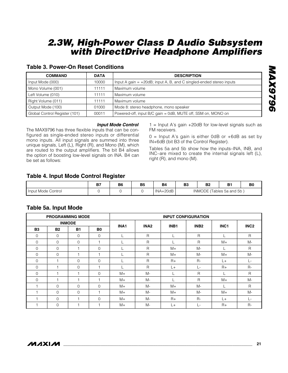 Table 3. power-on reset conditions, Table 4. input mode control register, Table 5a. input mode | Rainbow Electronics MAX9796 User Manual | Page 21 / 27