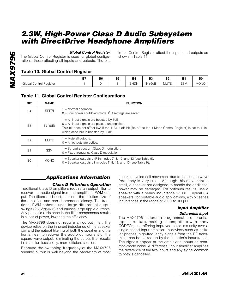 Applications information, Table 10. global control register, Table 11. global control register configurations | Rainbow Electronics MAX9796 User Manual | Page 24 / 27