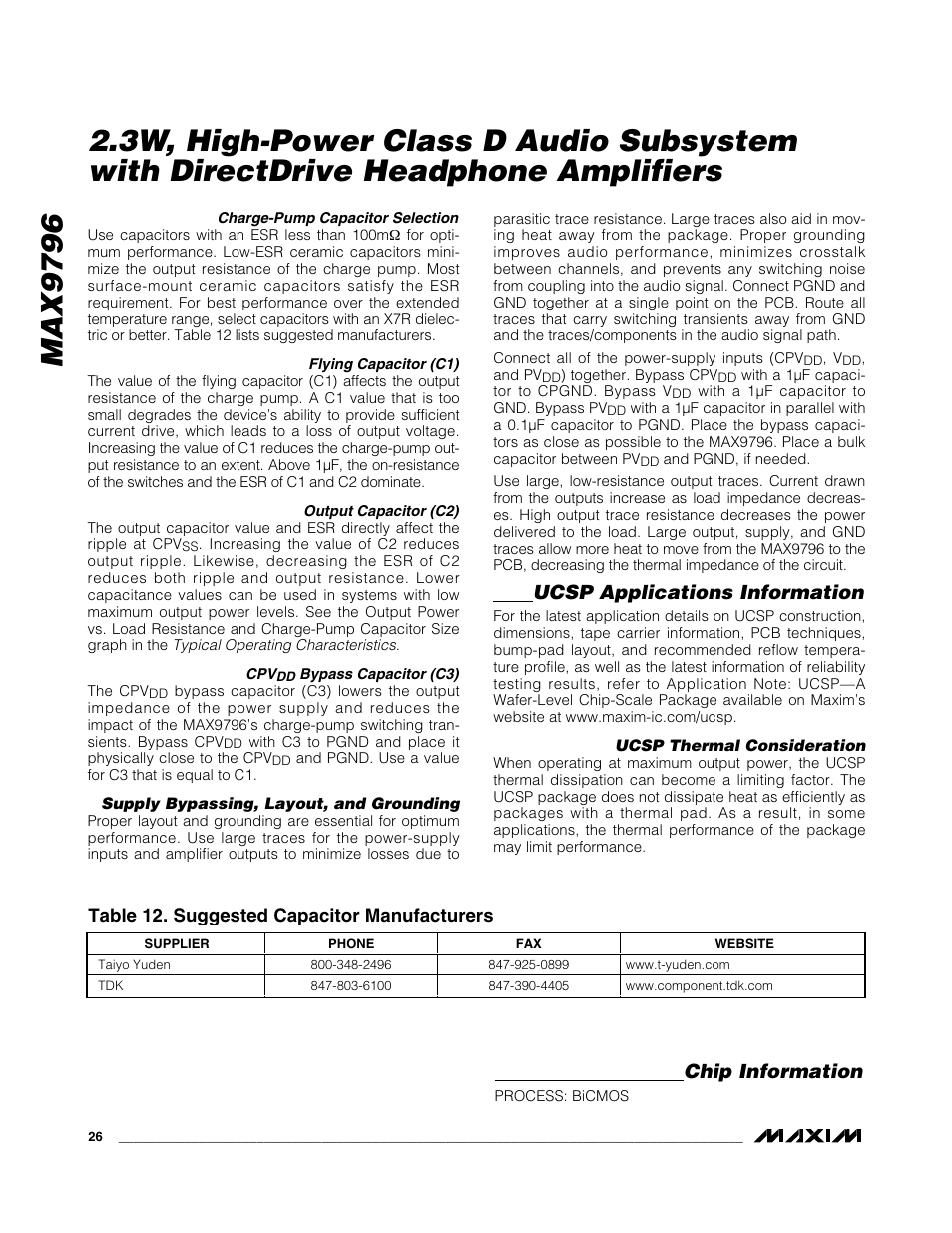 Max9796, Chip information, Ucsp applications information | Table 12. suggested capacitor manufacturers | Rainbow Electronics MAX9796 User Manual | Page 26 / 27