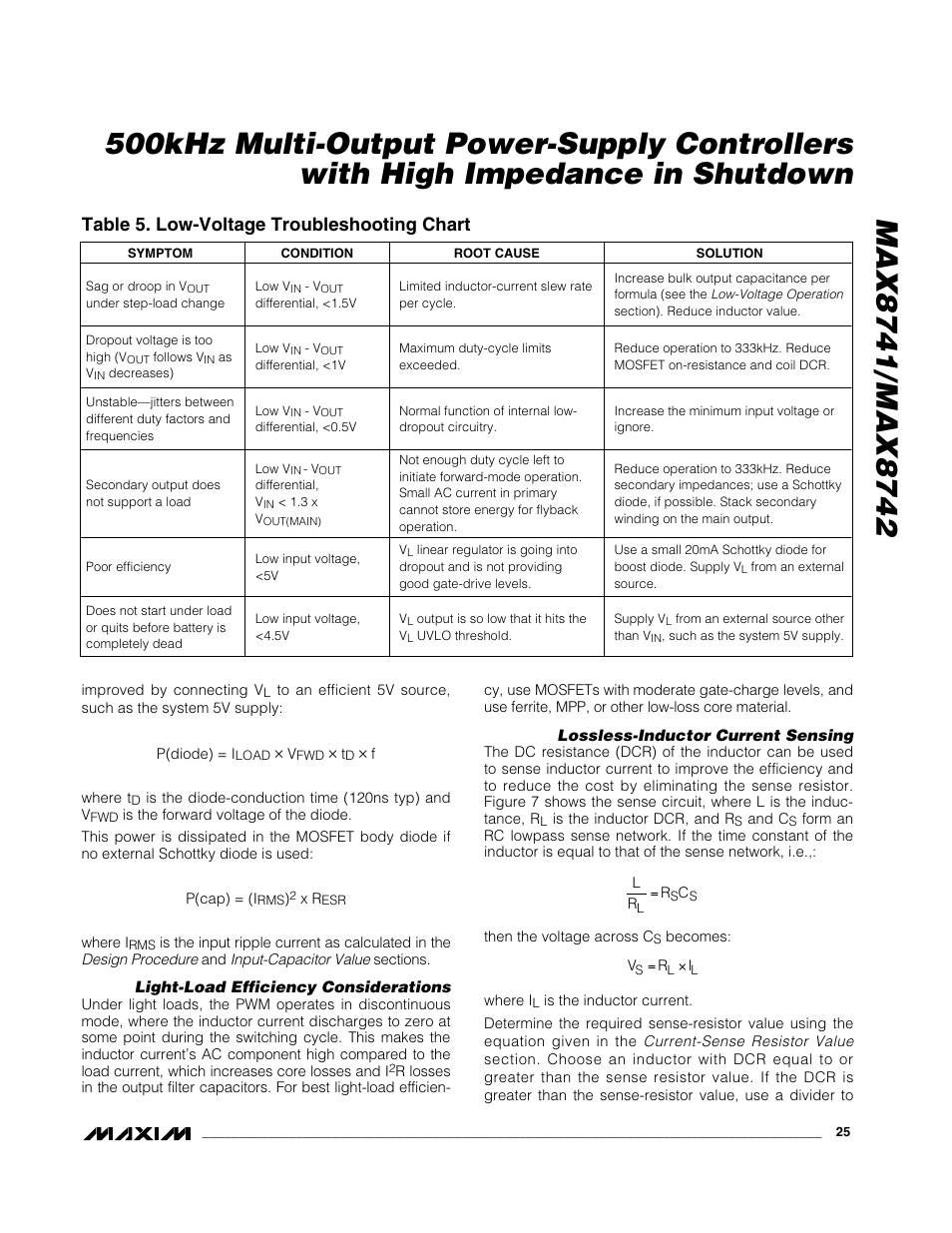 Table 5. low-voltage troubleshooting chart | Rainbow Electronics MAX8742 User Manual | Page 25 / 33